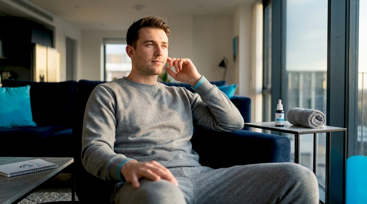 Man gently touching outer ear at home