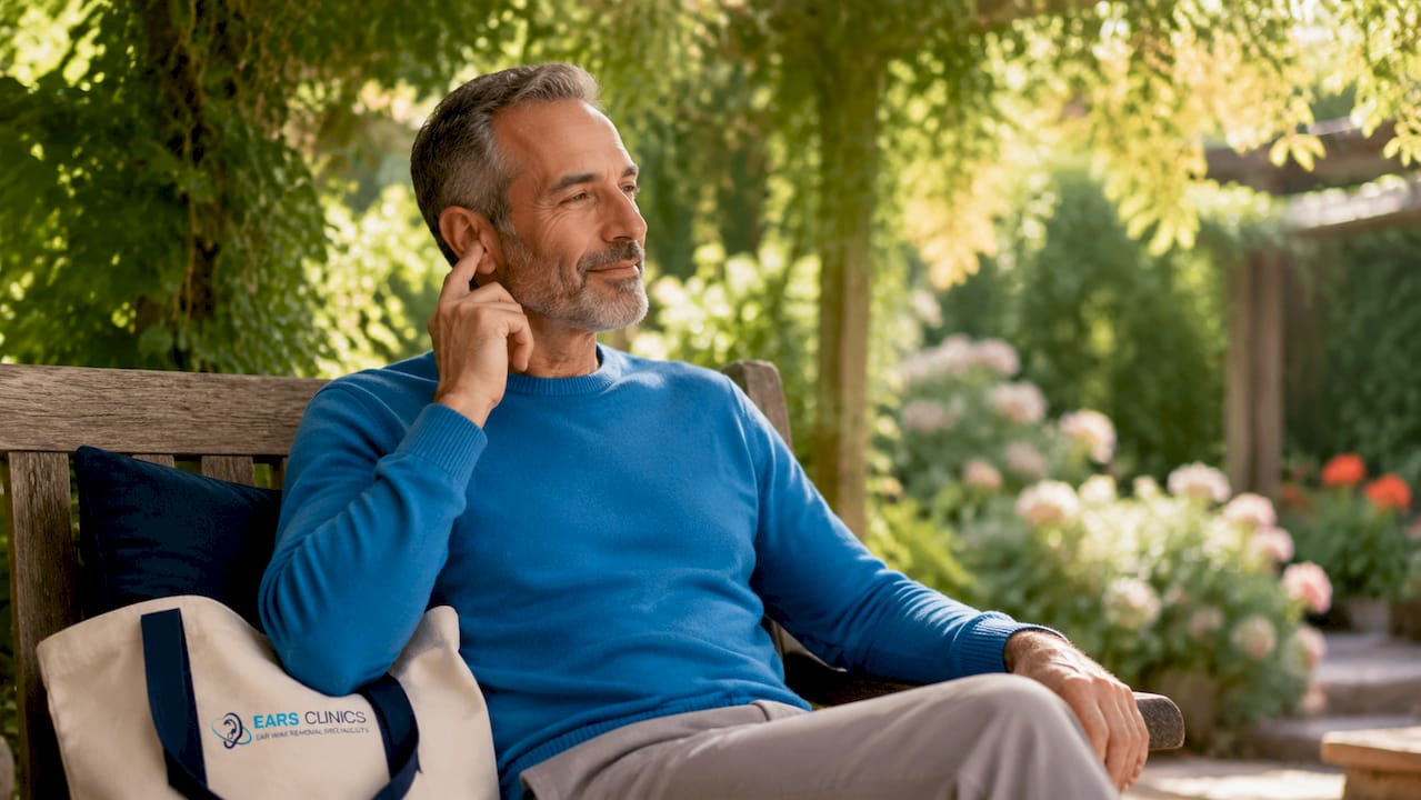 Man gently touching outer ear thoughtfully