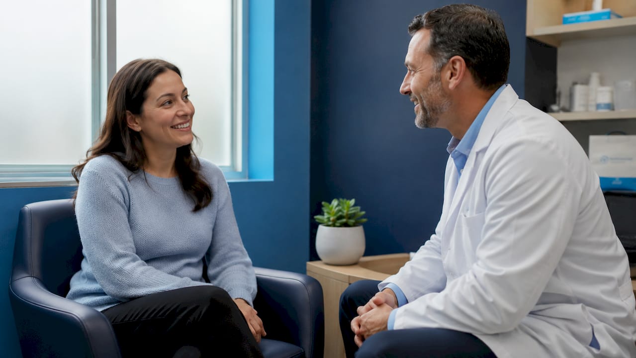 Patient and practitioner smiling during ear health consultation