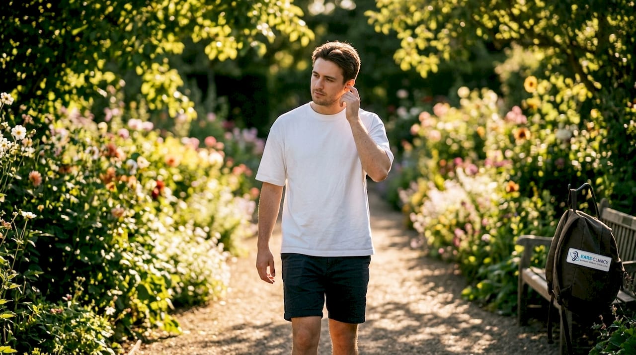 Man touching outer ear in park