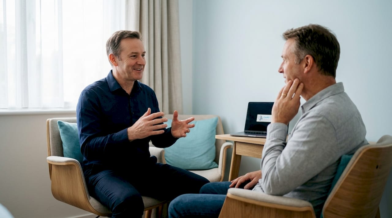 Friendly hearing consultation in modern clinic