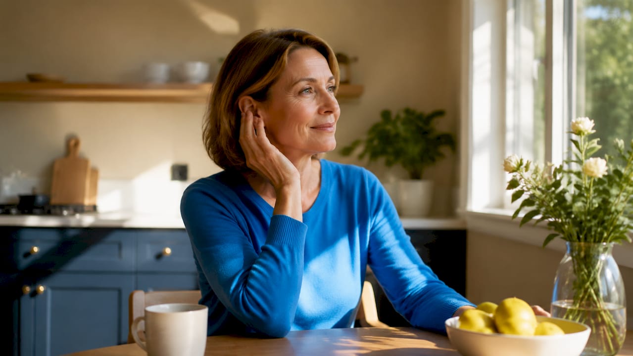 Woman gently touching outer ear, relaxed expression