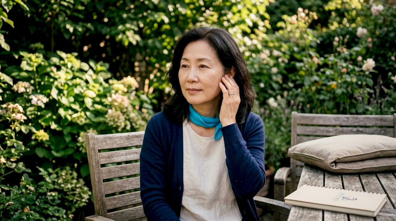 Woman gently touching outer ear in calm setting