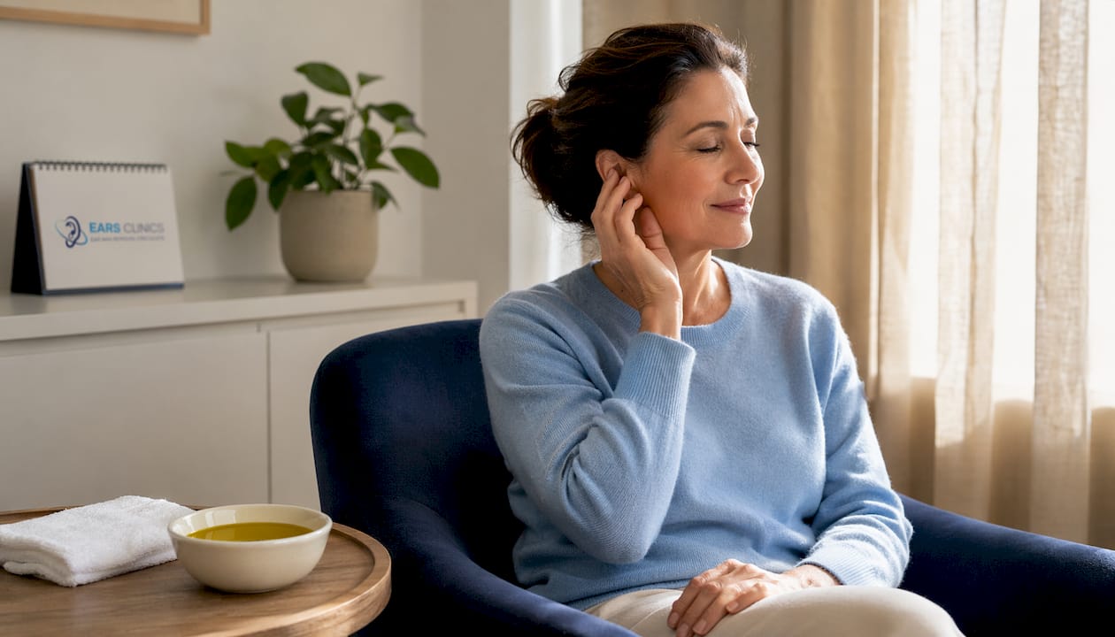Woman gently touching outer ear at home
