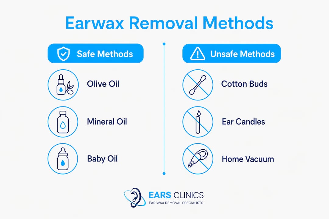 Infographic comparing safe and unsafe ear wax removal methods