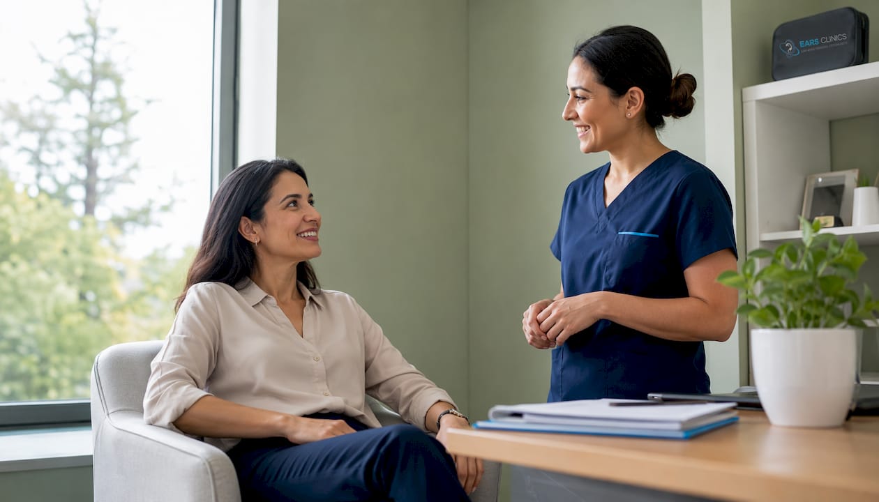Practitioner and patient discussing ear care