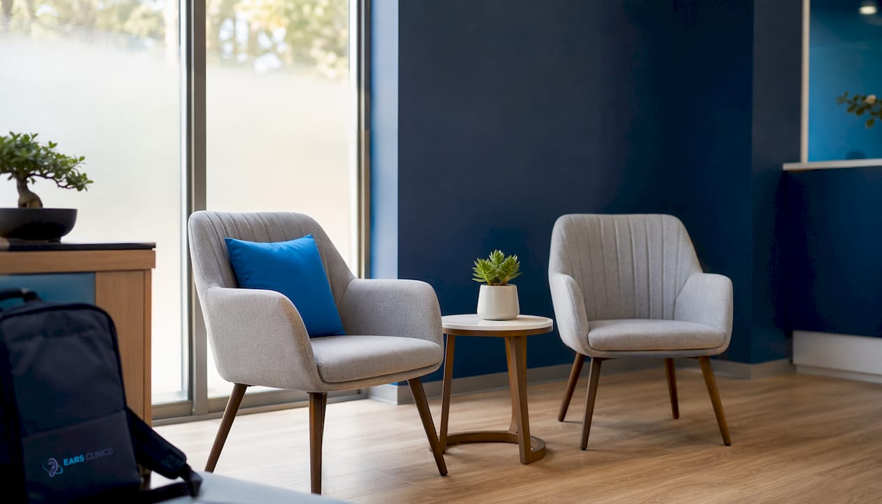 Modern, calm clinic waiting area with chairs and plants