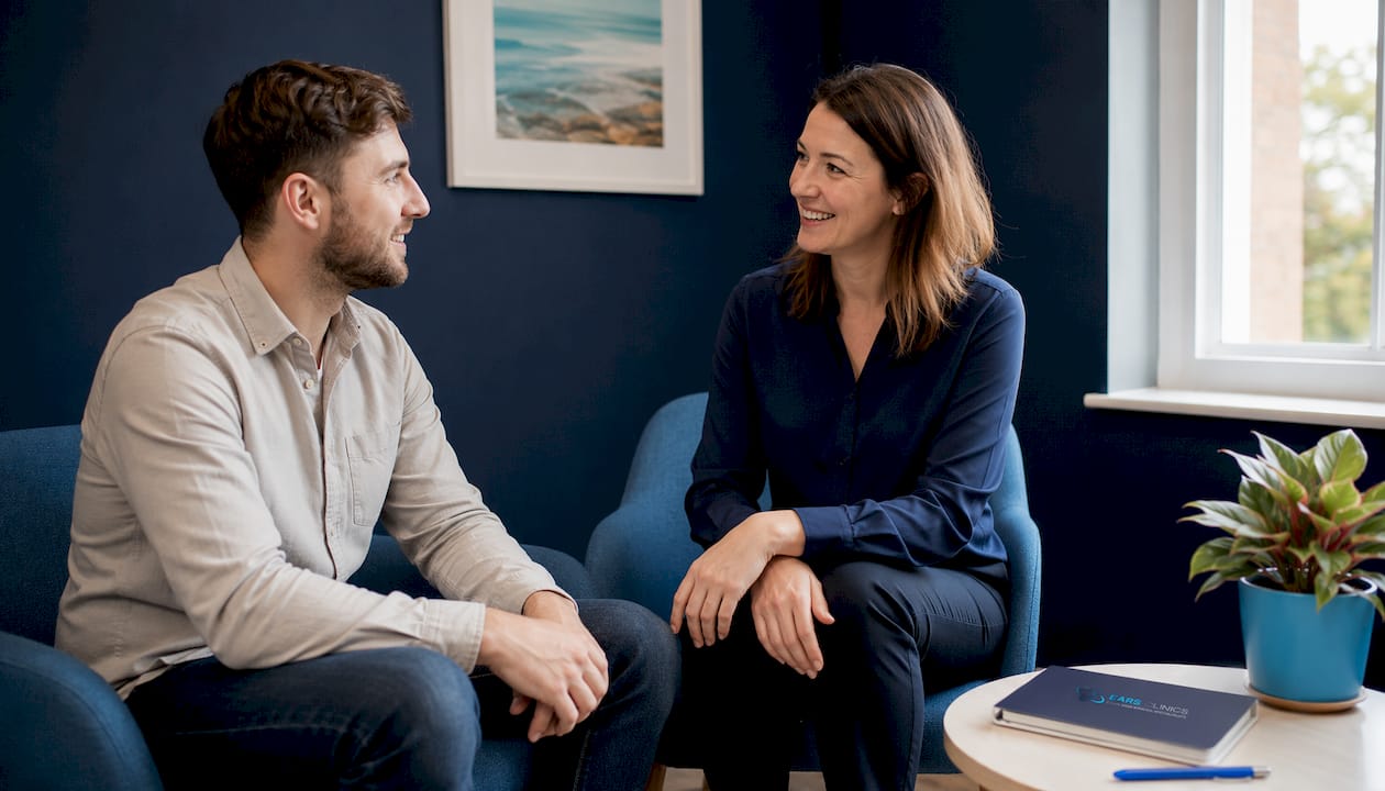 Practitioner and patient smiling in clinic consultation