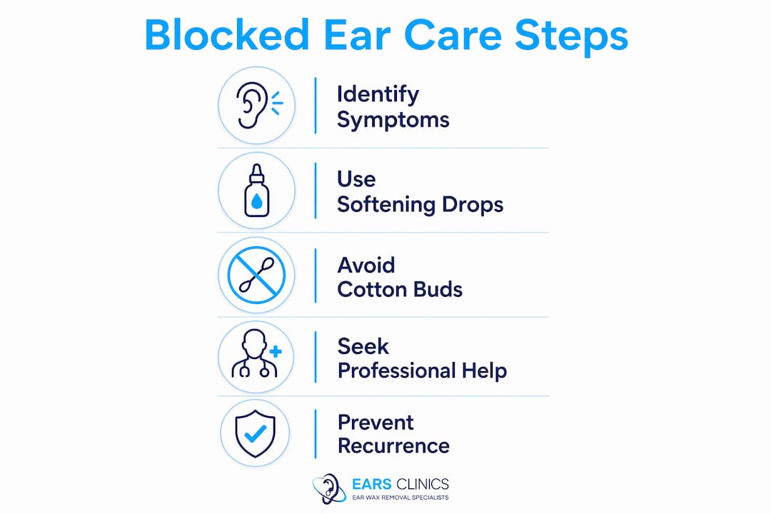 Infographic of steps to manage blocked ear with wax