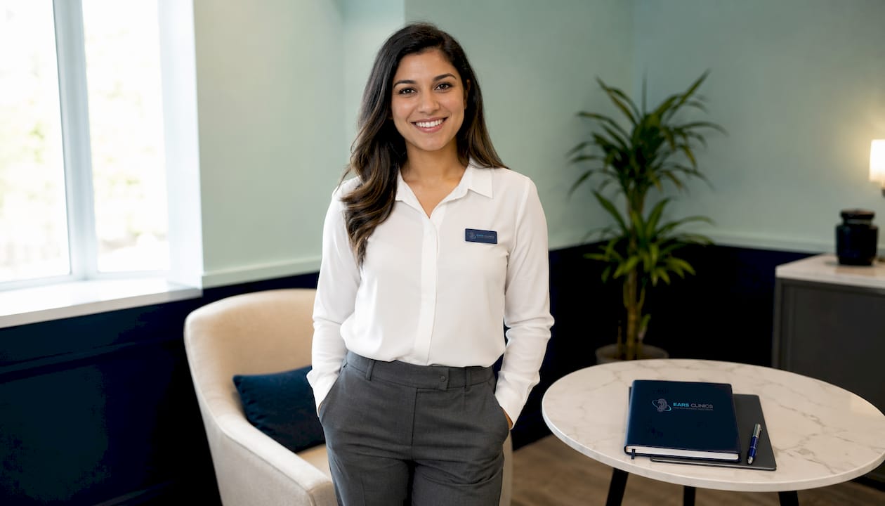 Portrait of smiling female ear care specialist in clinic