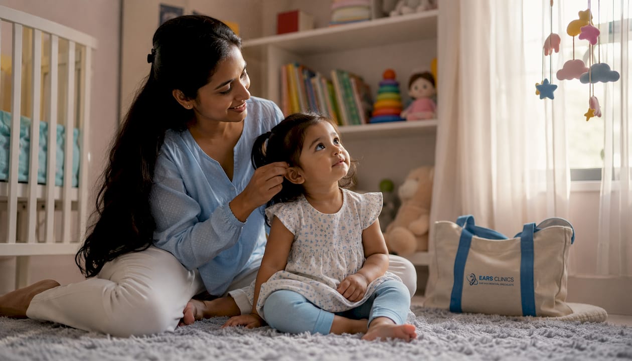 Mother gently touching toddler's outer ear in living room