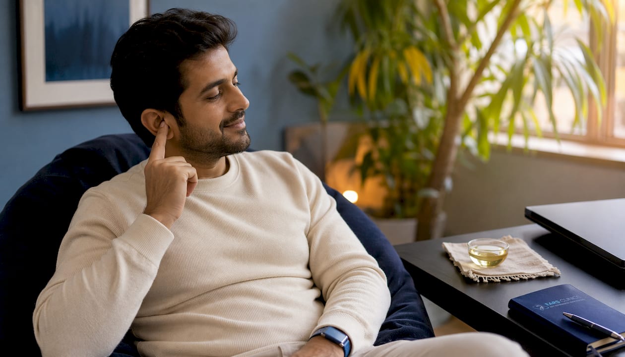 Man gently touching outer ear at home