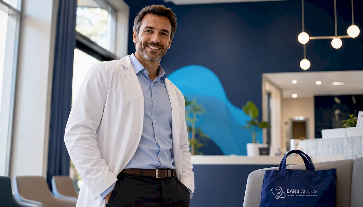 Male ear specialist portrait in clinic hallway