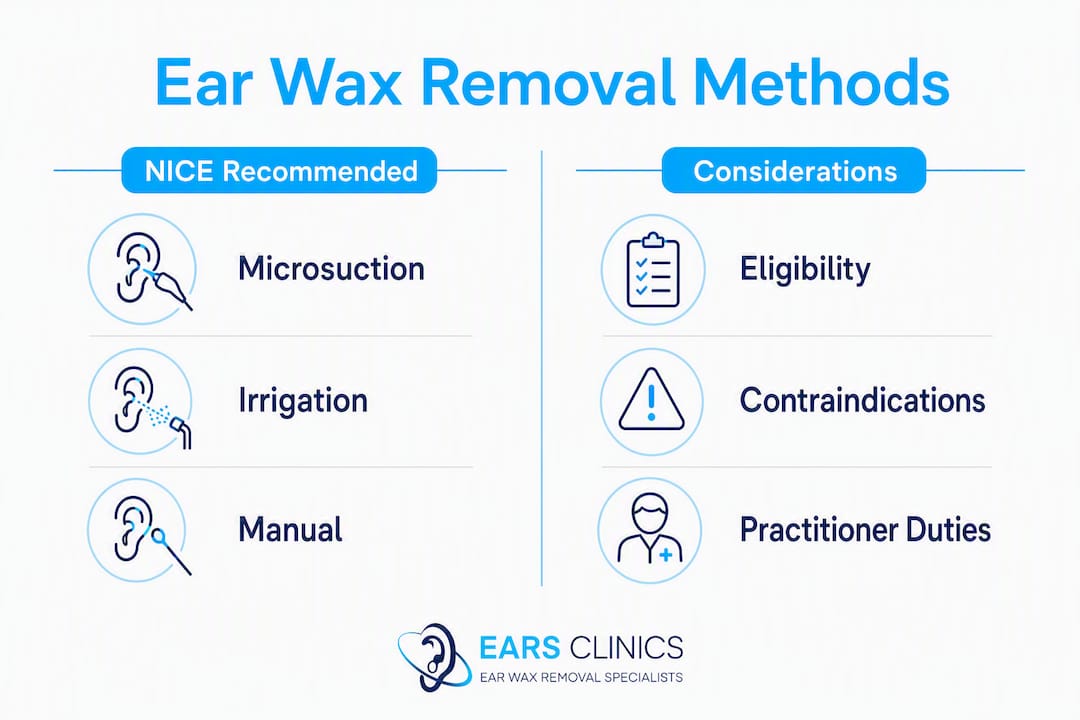 Infographic summarizing ear wax removal methods and key considerations
