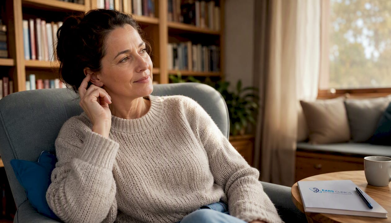 Woman touching outer ear with gentle expression