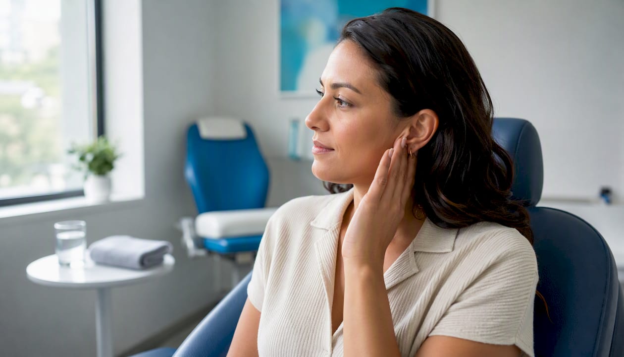 Adult gently touching outer ear in clinic