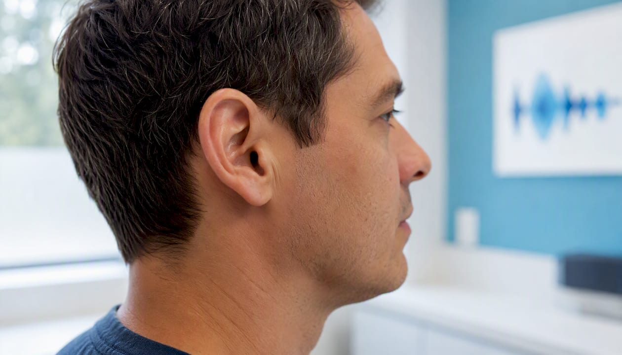 Adult ear canal side profile close-up
