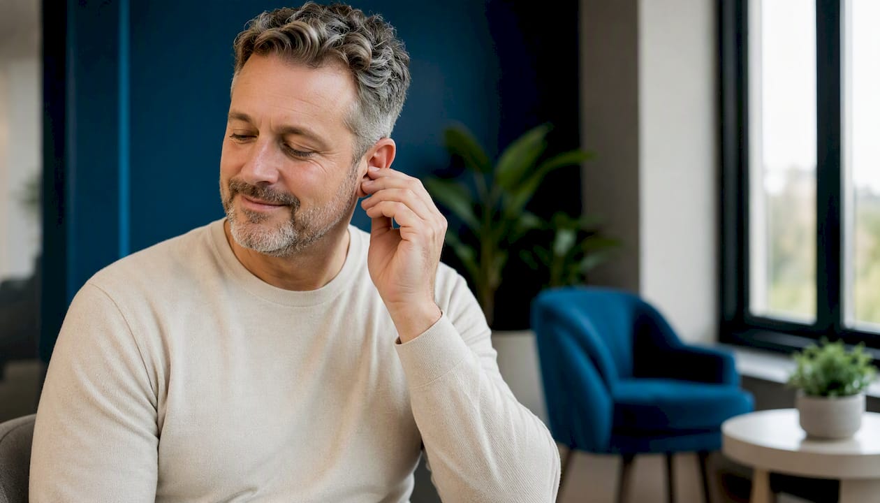 Adult gently touching outer ear in clinic