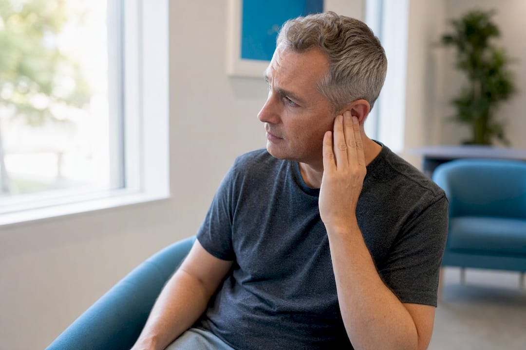 Patient gently touching outer ear in clinic