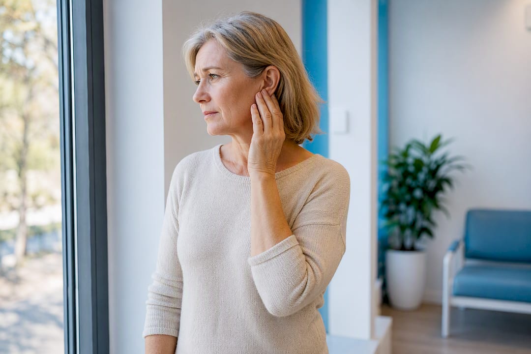 Adult woman touching outer ear in clinic