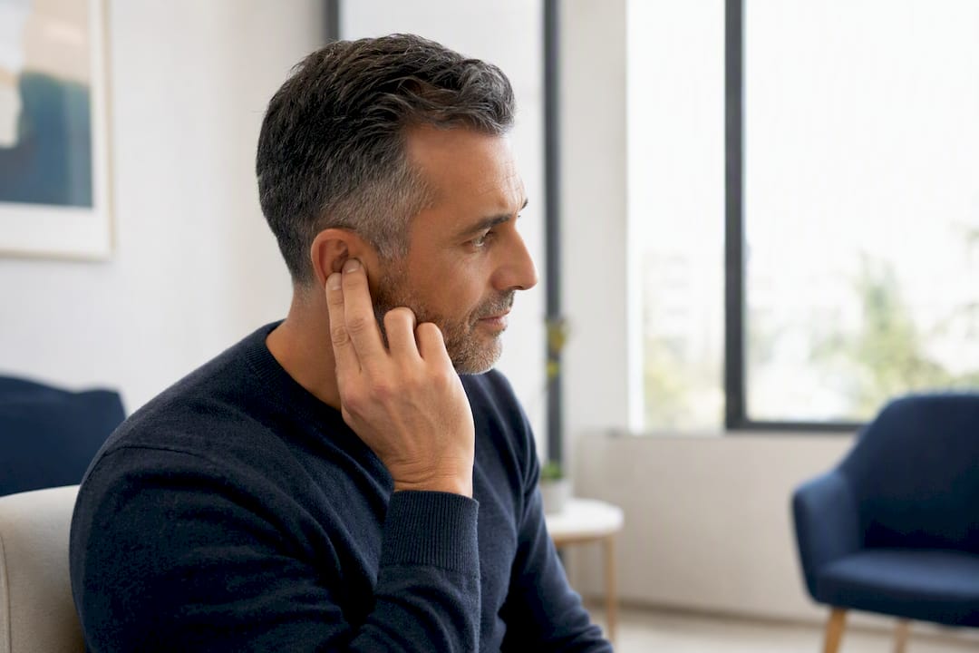 Adult gently touching outer ear in clinic