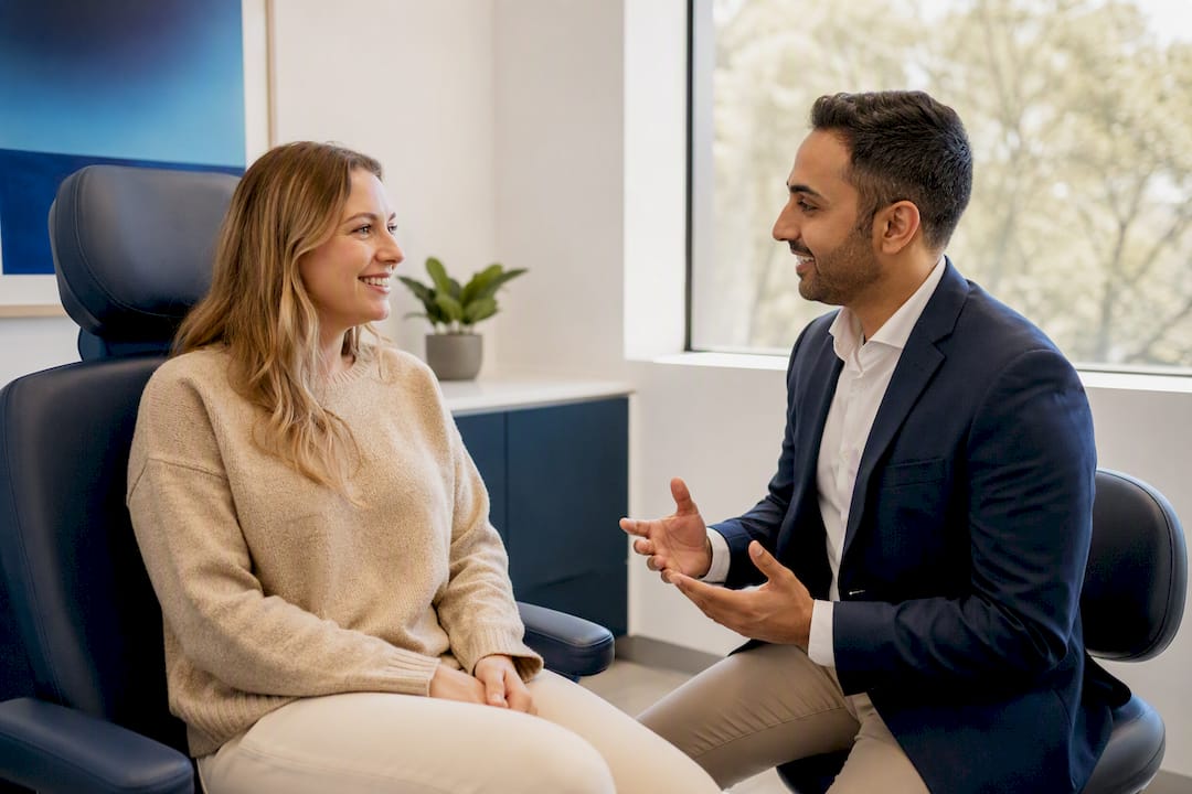 Patient consulting ear specialist in clinic