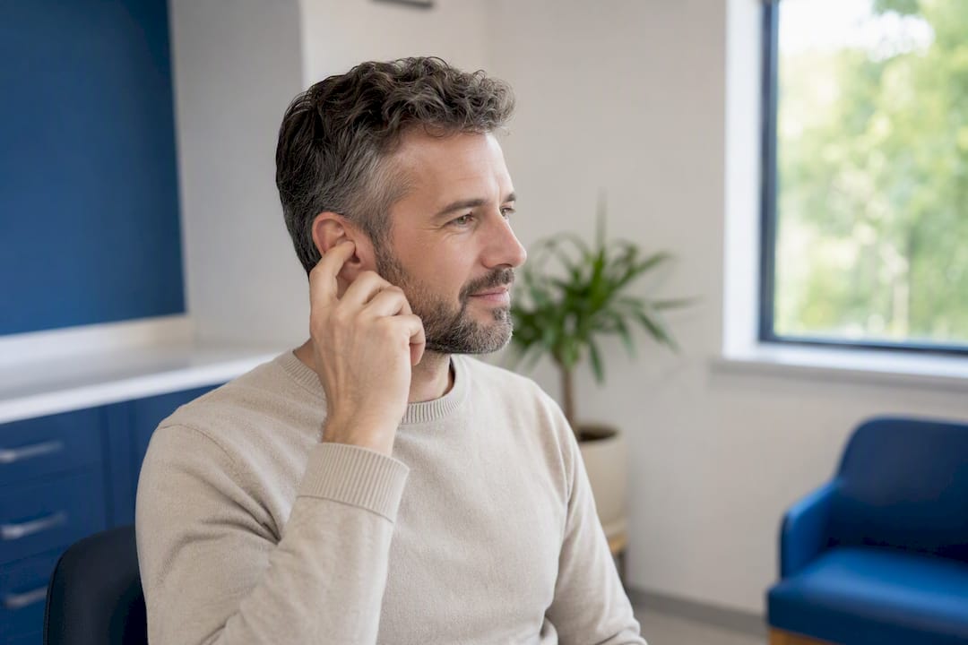 Adult gently touching outer ear in clinic