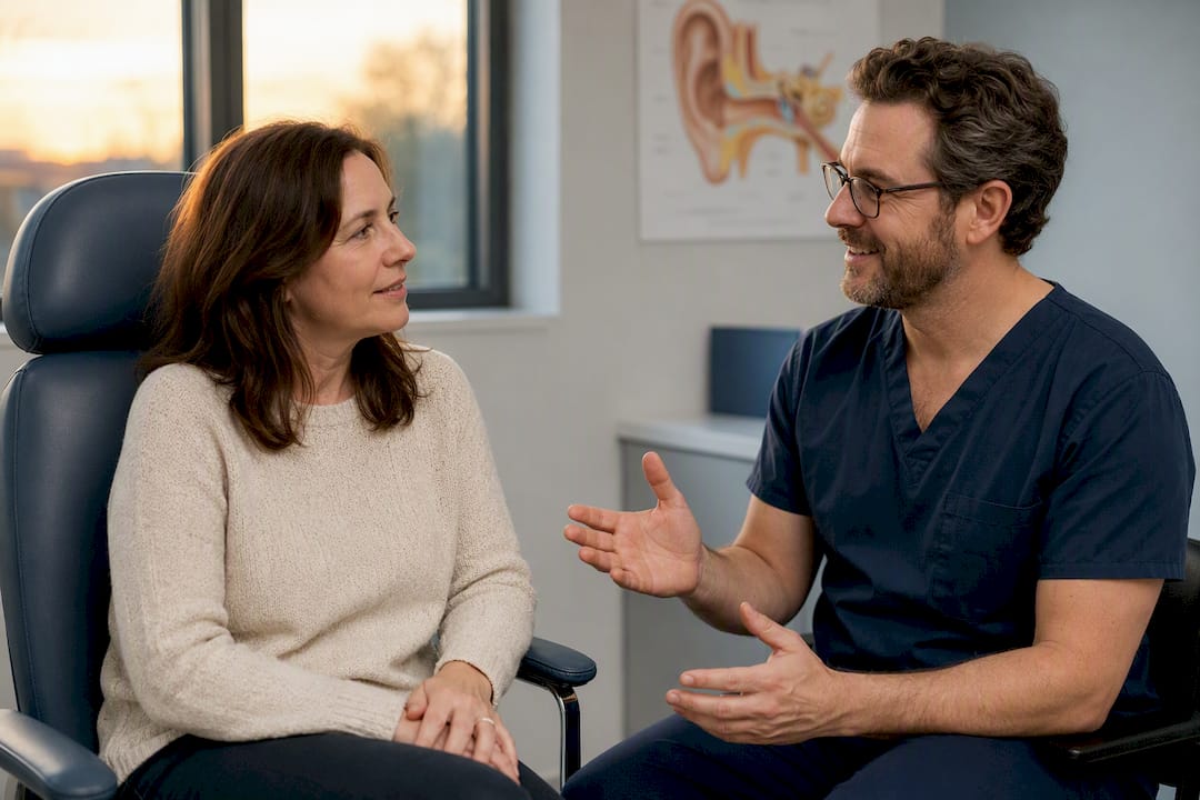Patient and practitioner discussing ear care