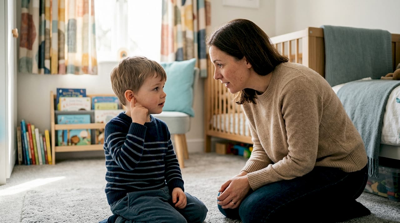 Parent preparing child for ear clinic visit