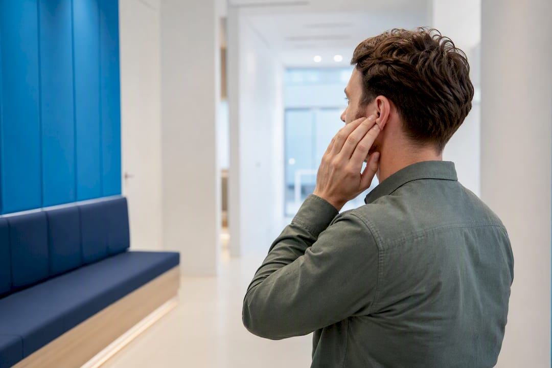Adult gently touching one blocked ear