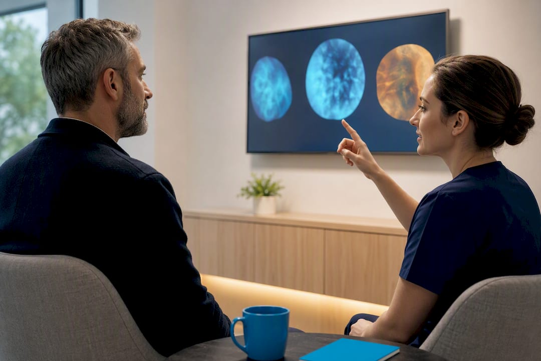 Patient and practitioner reviewing ear health images