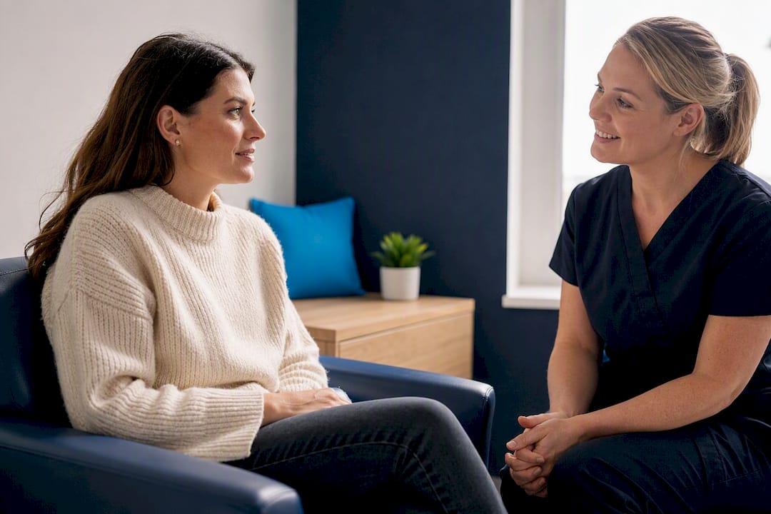 Patient discussing ear symptoms with practitioner