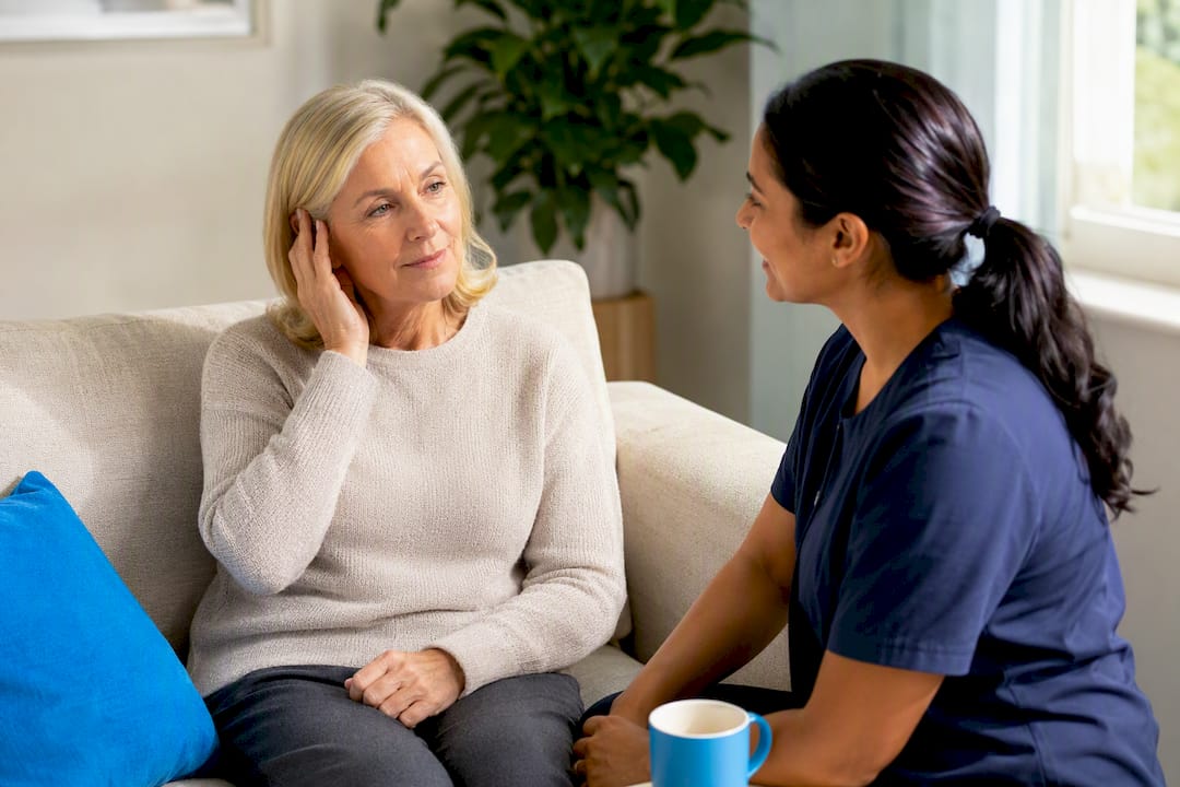 Patient discussing ear care during home visit