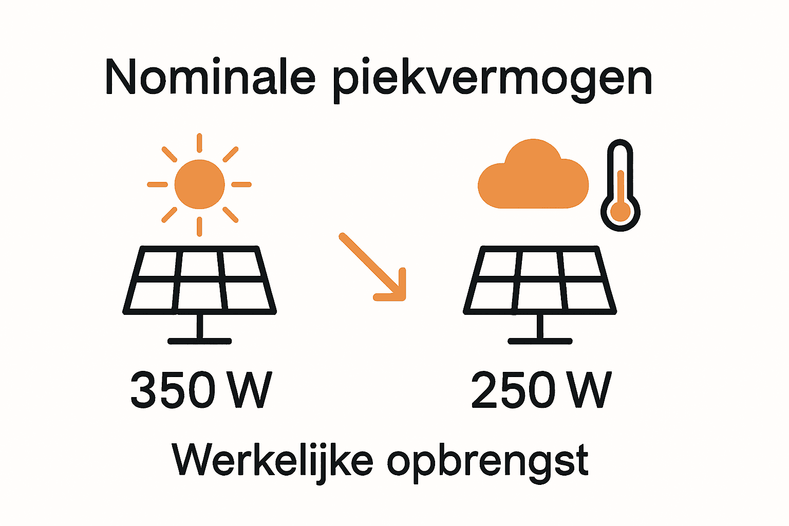 Infographic: verschil tussen piekvermogen en werkelijke opbrengst van zonnepanelen door zon, temperatuur, en schaduw.