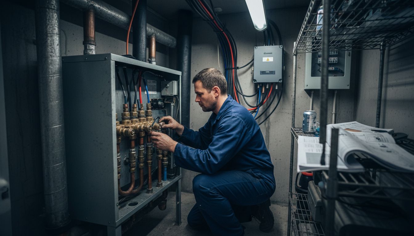 Technician installing heat pump system indoors