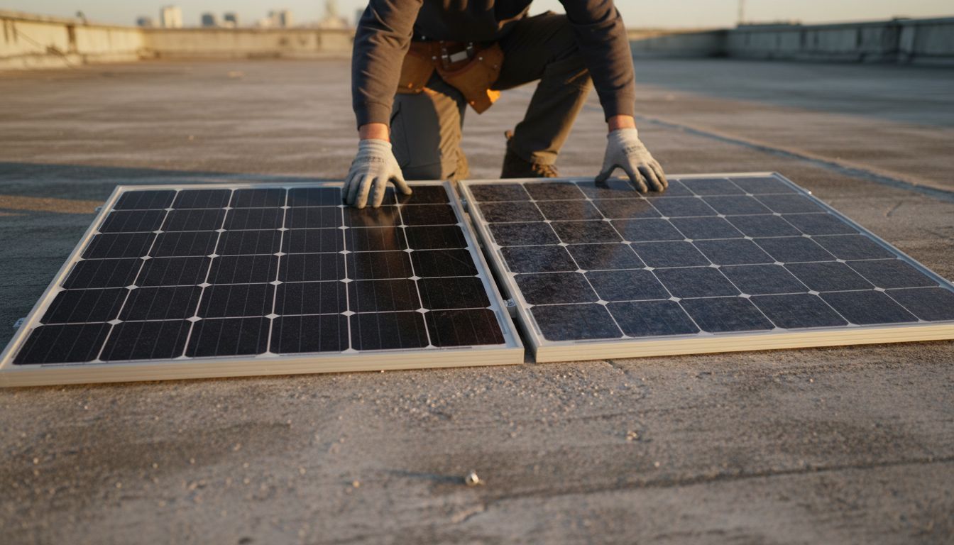 Technician comparing two types of solar panels