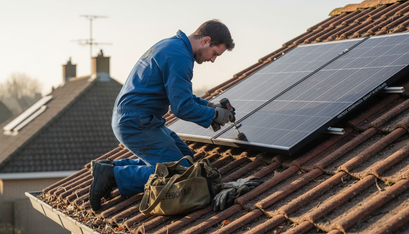 Monteur plaatst een monokristallijn zonnepaneel