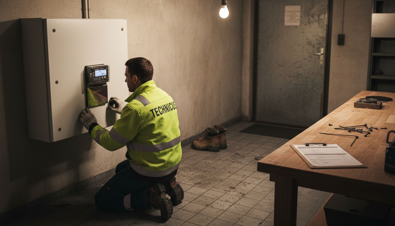 Een monteur controleert de digitale elektriciteitsmeter.