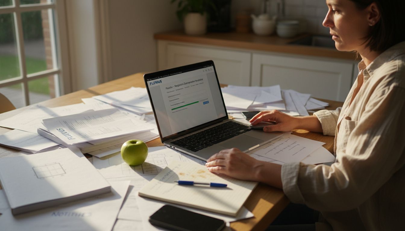 Een vrouw zit aan de keukentafel terwijl ze haar zonnepanelen online aanmeldt.