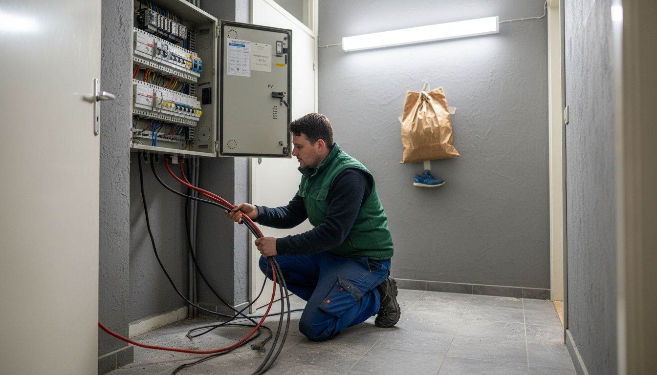 Een installateur is bezig met het aanpassen van de meterkast voor de installatie van een thuislaadpaal.