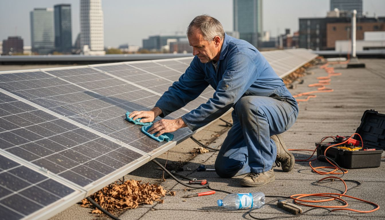 Een monteur controleert en reinigt zonnepanelen op eventuele beschadigingen.