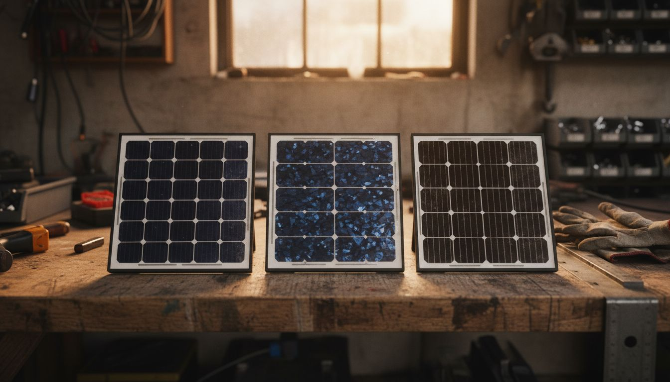 Drie verschillende typen zonnepanelen uitgestald op de werkbank