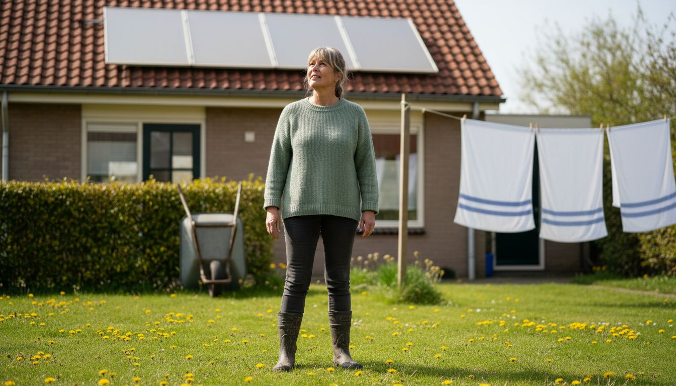 Een huiseigenaar bekijkt een vlak zonnepaneel op zijn dak.