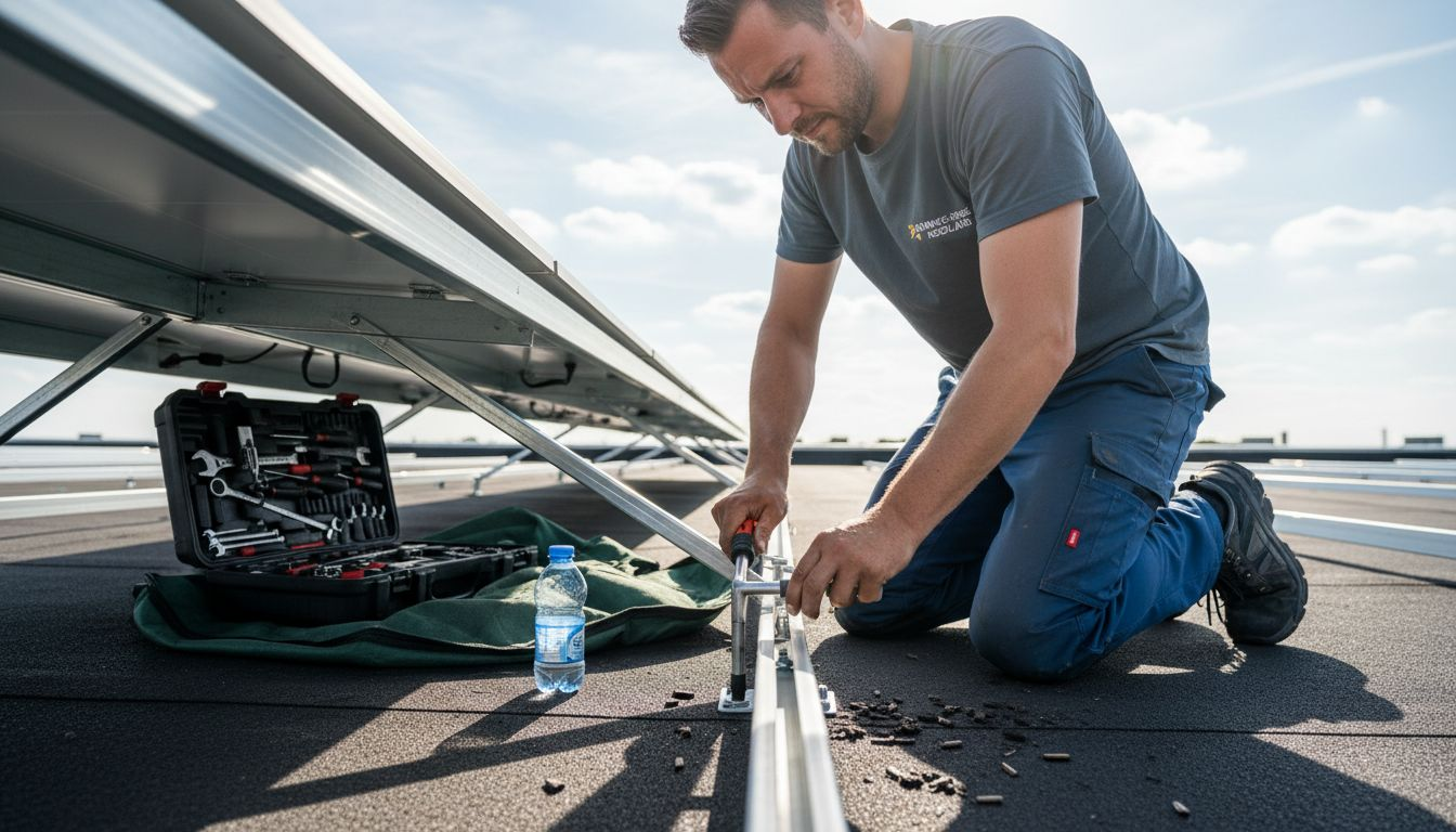 Een installateur monteert het onderstel voor zonnepanelen op een plat dak.