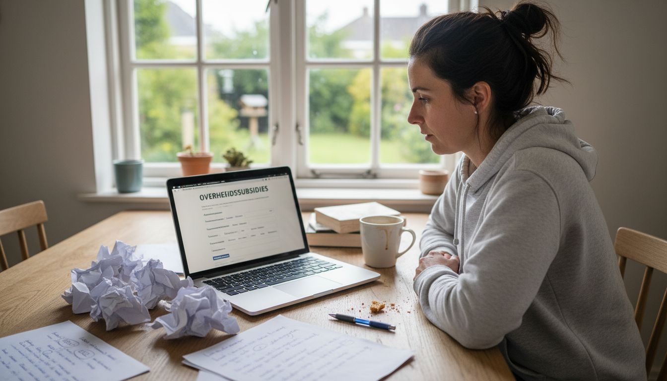 In haar keuken zit een vrouw achter haar laptop, terwijl ze uitzoekt welke subsidies er beschikbaar zijn voor zonnepanelen.