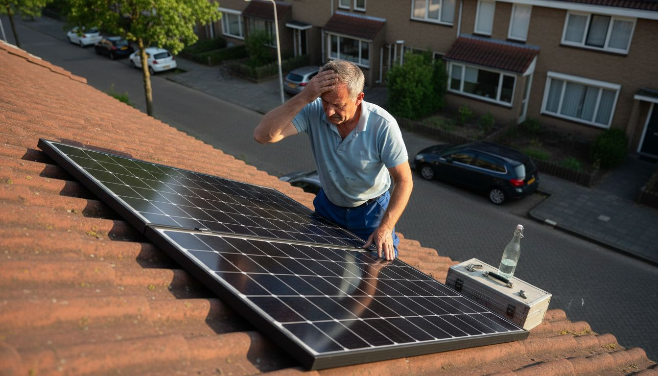 Een vakman monteert een monokristallijn zonnepaneel op het dak.