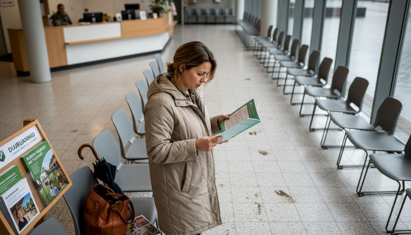 Vrouw verdiept zich in toegangsregels van het gemeentehuis