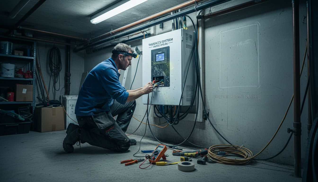 Een monteur inspecteert de details van het thuisbatterijsysteem.