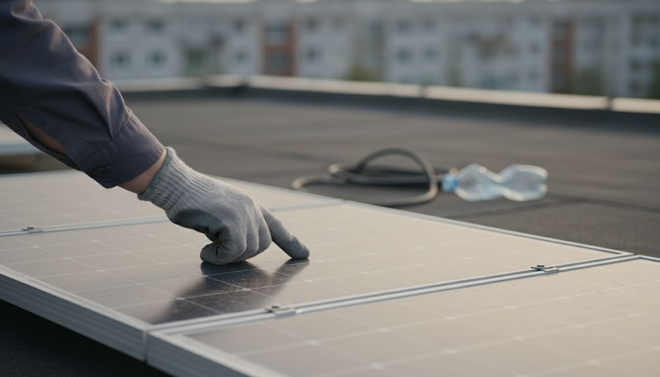 Een technicus laat de werking van een zonnecel op een paneel zien.