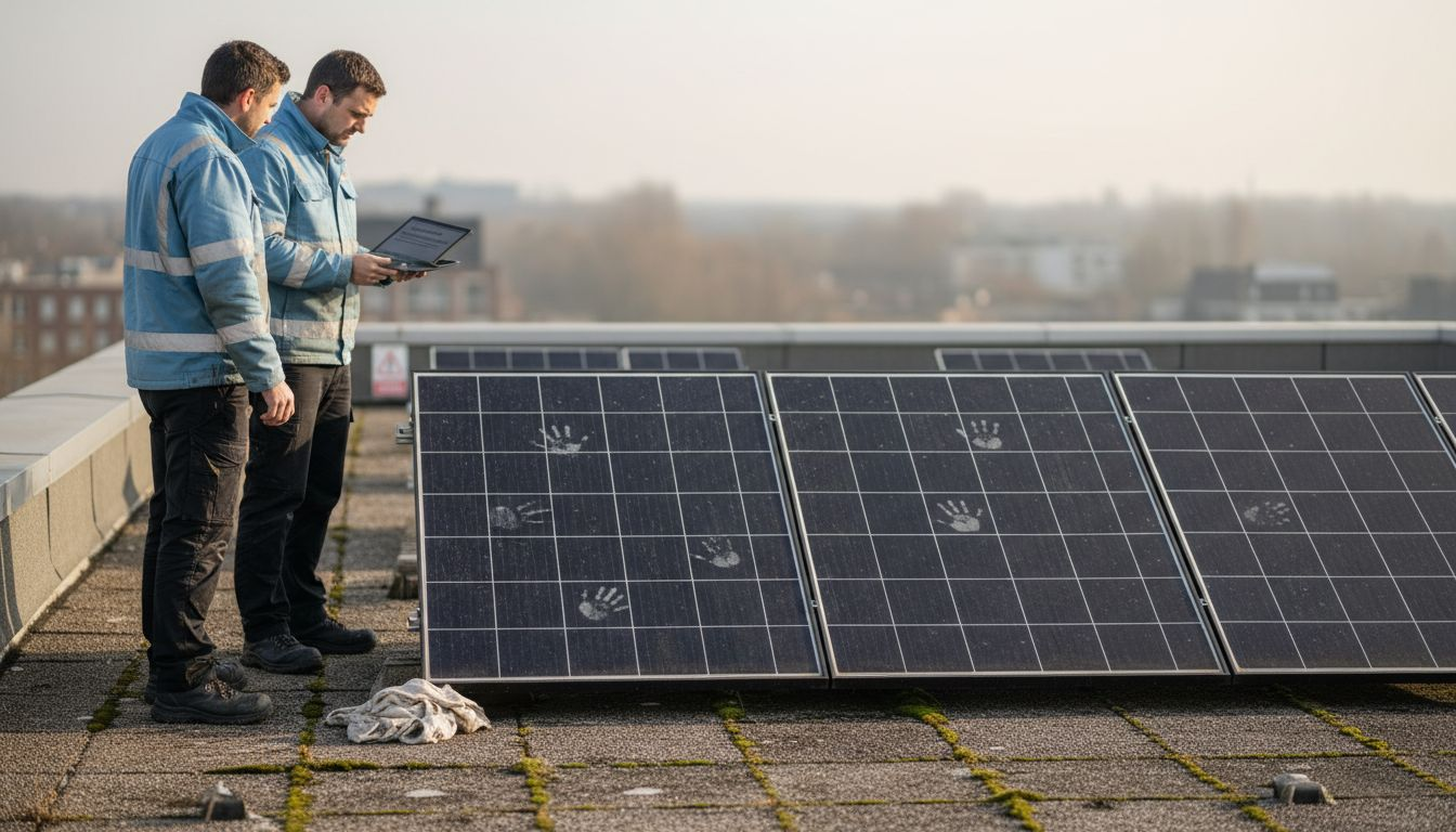 Monteurs die verschillende soorten zonnepanelen met elkaar vergelijken
